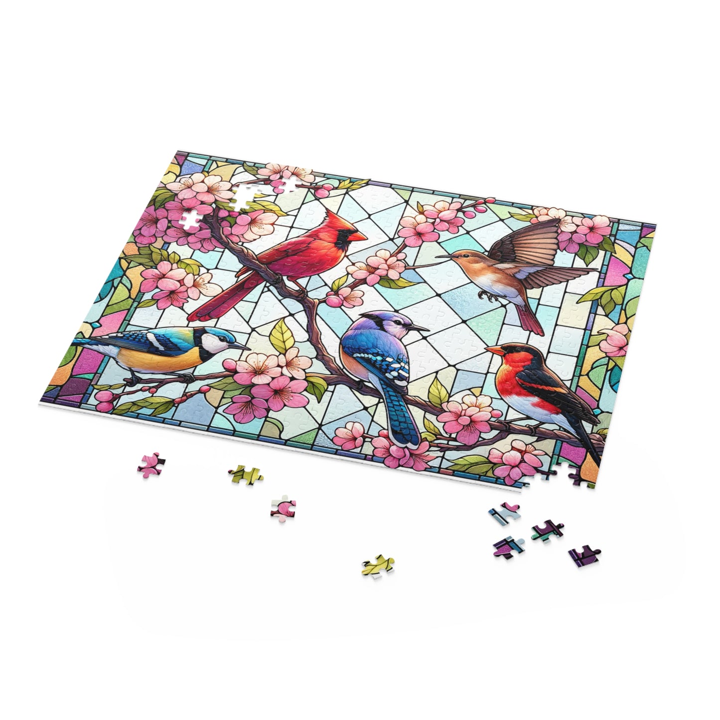Stained Glass of 5 Spring Birds Jigsaw Puzzle (120, 252, 500-Piece) Adult Jigsaw Puzzle, Gift Him Her