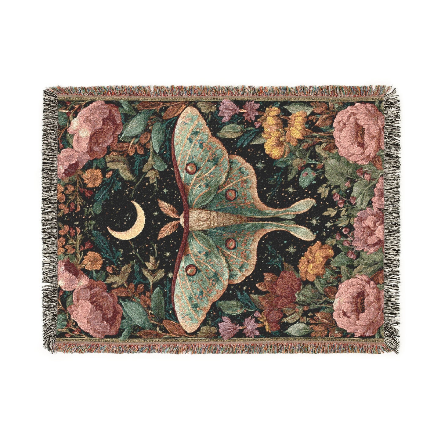 Luna Moth & Crescent Moon Woven Blanket, Floral Boho Tapestry Throw looks, Celestial Nature-Inspired Home Decor