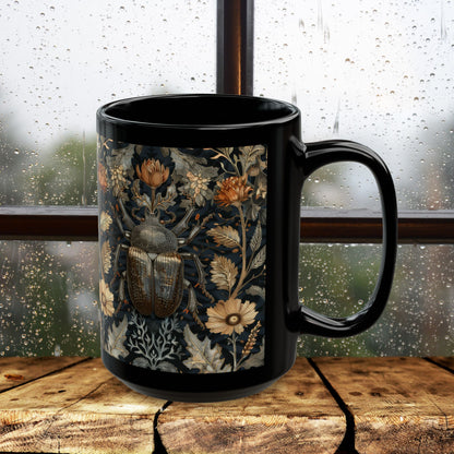 William Morris Inspired Beetle Botanicals Black Coffee Mug (11oz, 15 oz) Insect Lover Gift, Nature Garden Decor