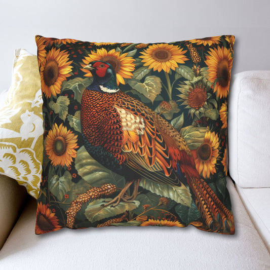 Pheasant With Sunflower Field  Decorative Pillowcase; William Morris Inspired | Cottage-core Pillow