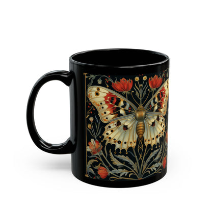 William Morris Inspired Botanical Night Butterfly Black Mug 11oz, 15 oz