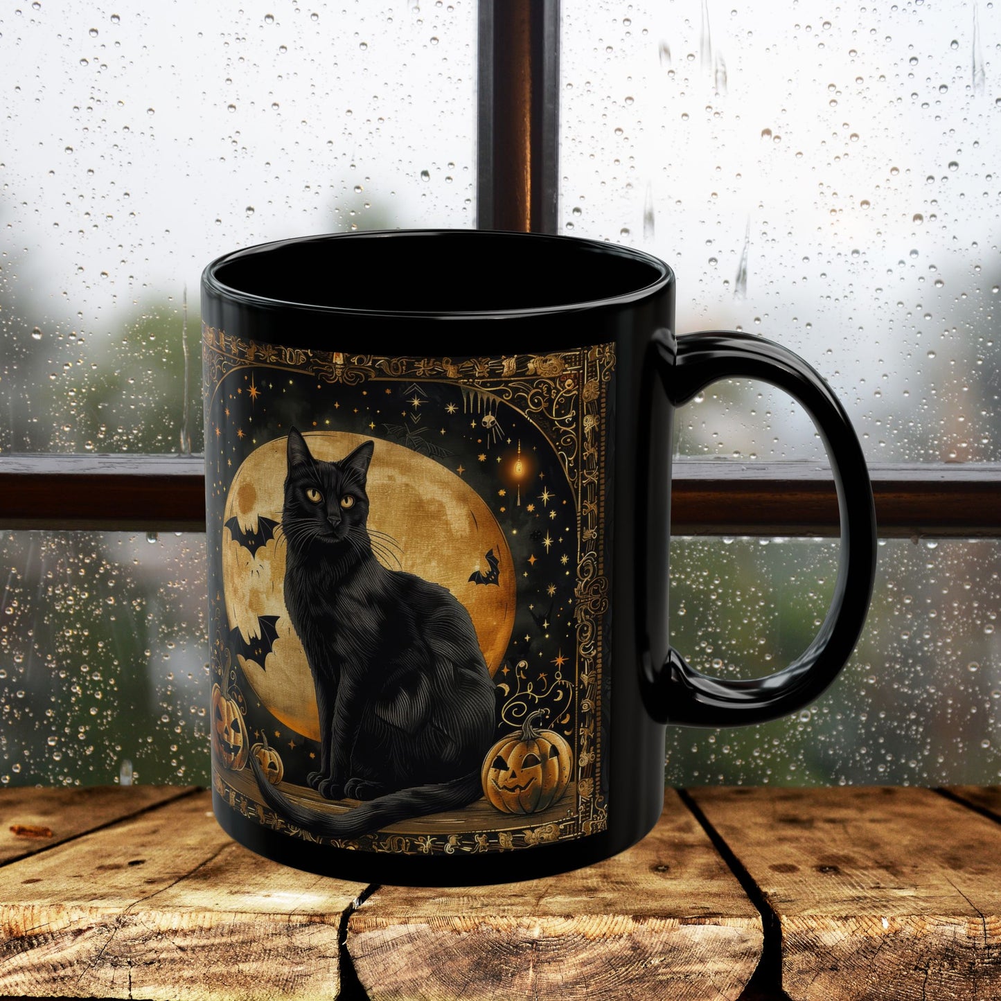 Art Deco Full Moon Black Cat Mug, William Morris Inspired, Black Coffee Cup 11oz, 15oz, Cat Lover Gift, Halloween Mug, Gothic Kitchen Decor,