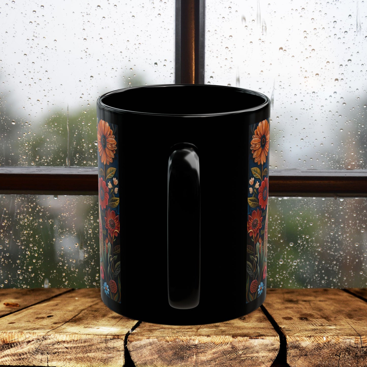 Siamese Cat Coffee Mug: William Morris Floral Design, Black Ceramic (11oz, 15oz)