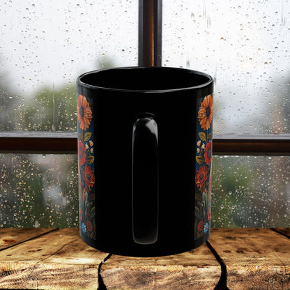 Siamese Cat Coffee Mug: William Morris Floral Design, Black Ceramic (11oz, 15oz)
