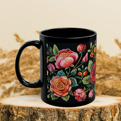 Vintage Roses Pattern Embroidery Black Mug 11oz
