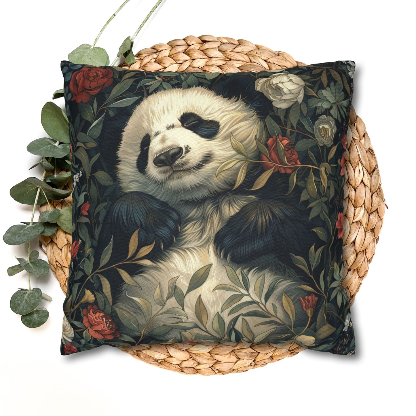 Panda Floral Throw Pillowcase - Vintage Botanical Spun Polyester Cushion Cover
