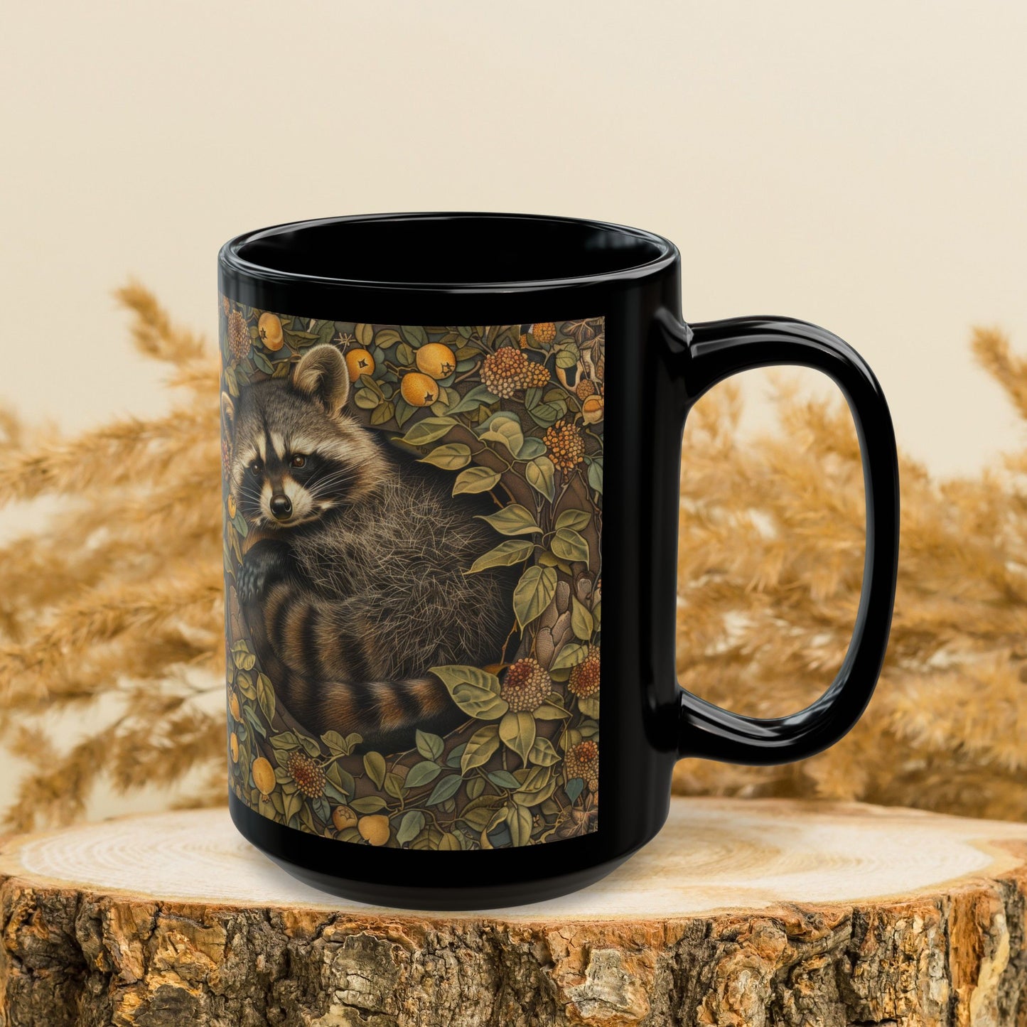 Woodland Raccoon William Morris Inspired Black Mug (11oz, 15oz)