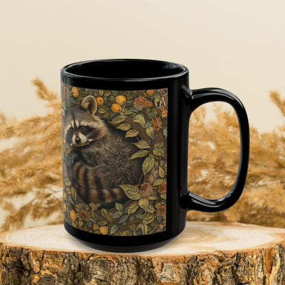 Woodland Raccoon William Morris Inspired Black Mug (11oz, 15oz)