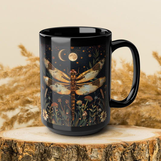 Cottagecore Dragonfly William Morris Inspired Botanical Dragonfly Black Coffee Mug 11oz, 15oz