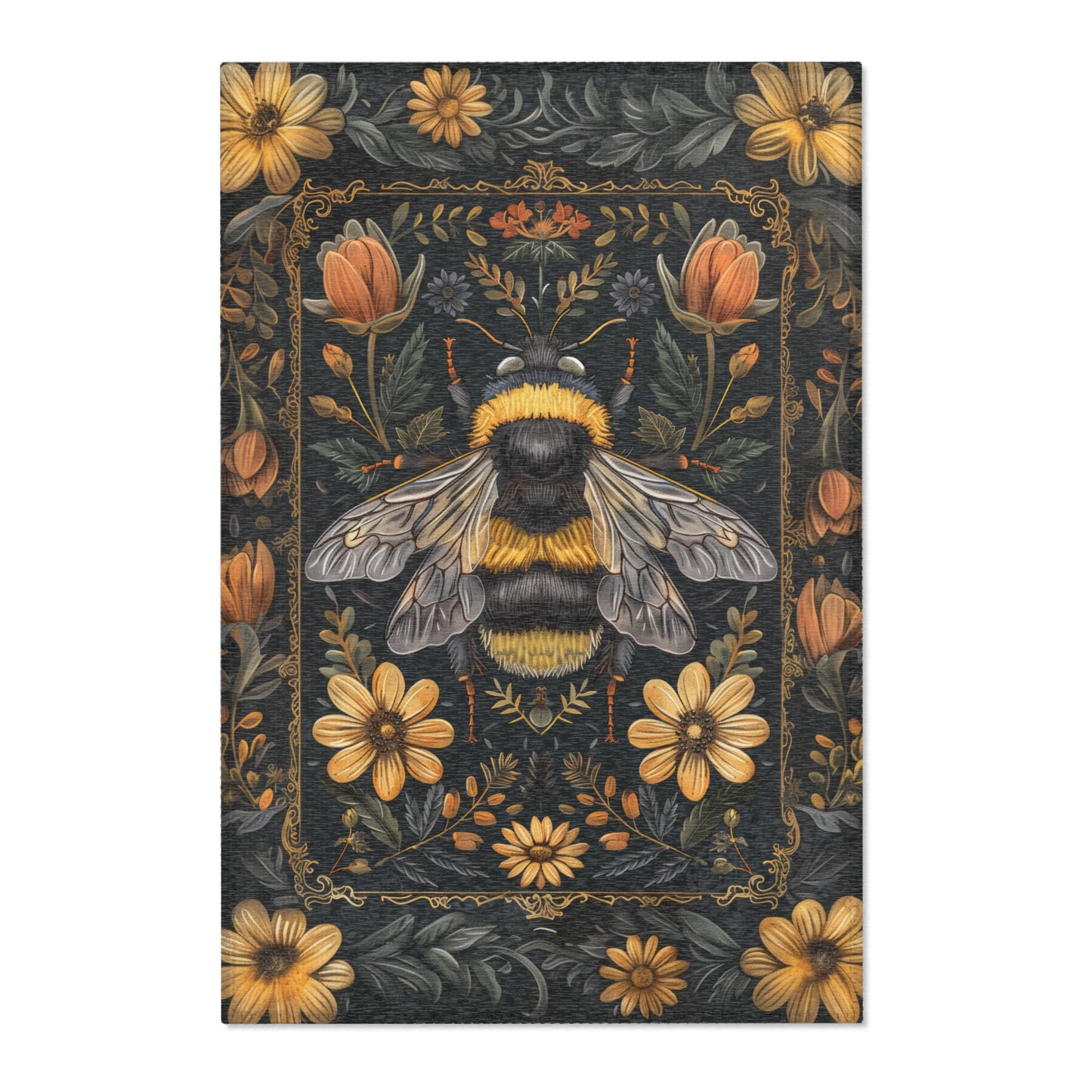 Bumblebee Floral Garden, Art Deco Style Home Decor, Bumblebee Rectangle Area Rug Living Room Fall Season Carpet Decor