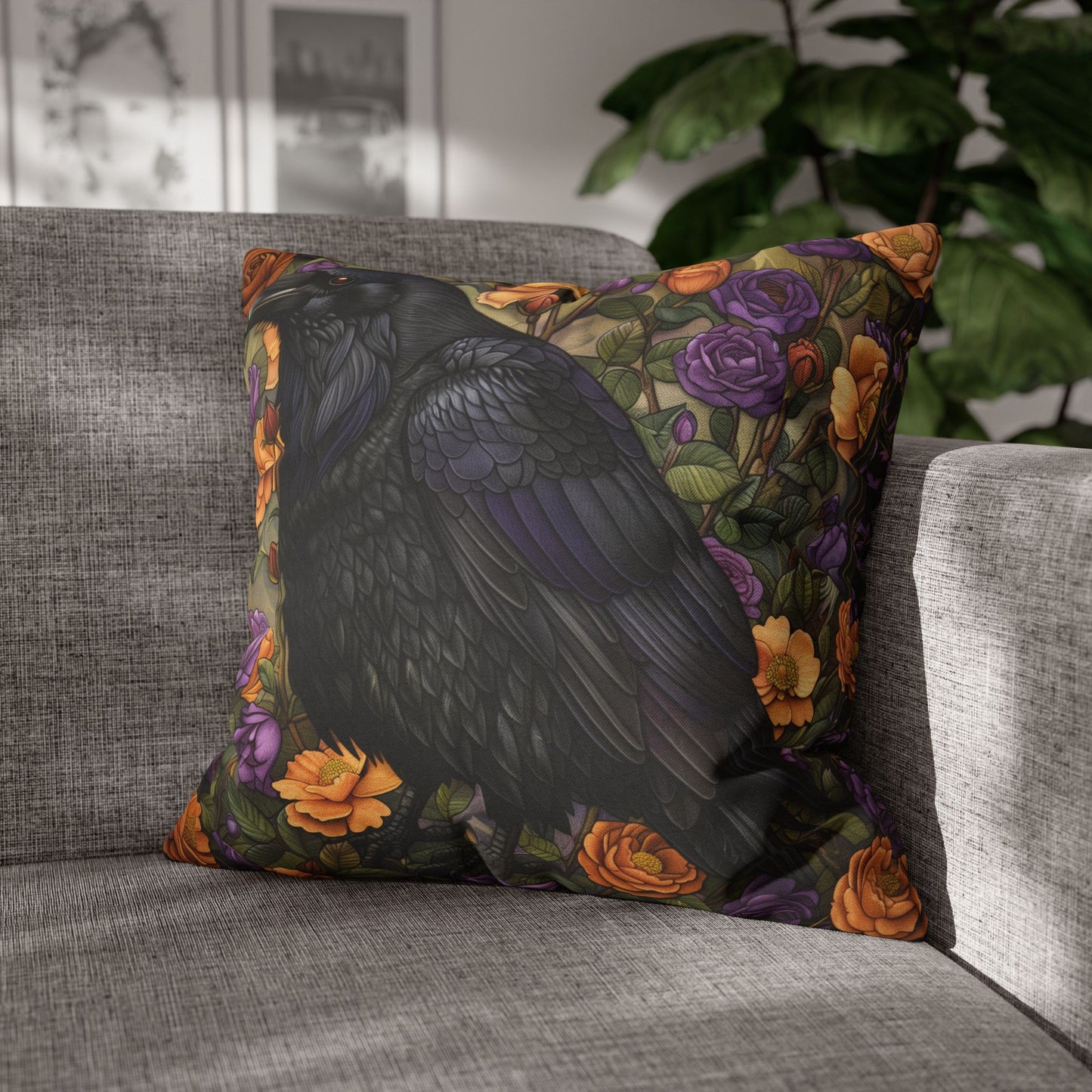 Mystical Raven Halloween Roses Throw Pillowcase, William Morris Inspired Raven Halloween Decor