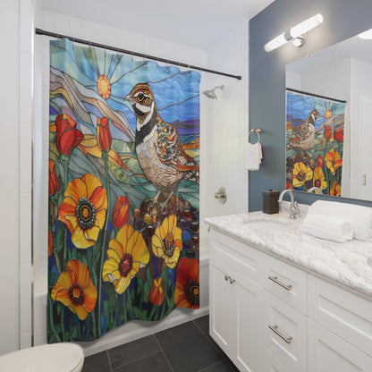 Stained Glass Valley Quail birds and Golden Poppy Field Polyester Shower Curtain