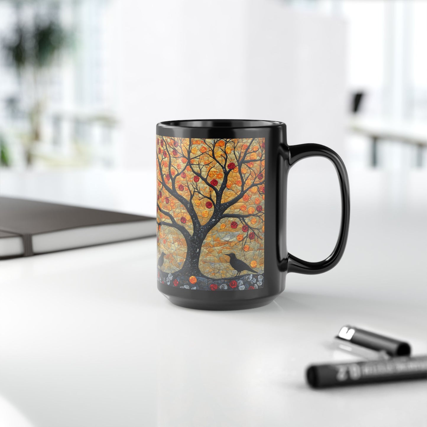 Autumn Apple Tree Art Mug | Black Ceramic Coffee Cup