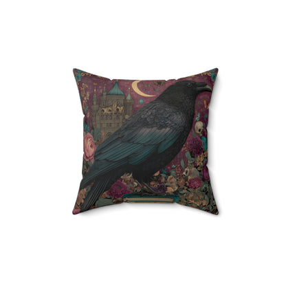 Mystical Raven Gothic Pillow with Floral Castle Art, Spooky Halloween Decor, Dark Academia Throw Pillow