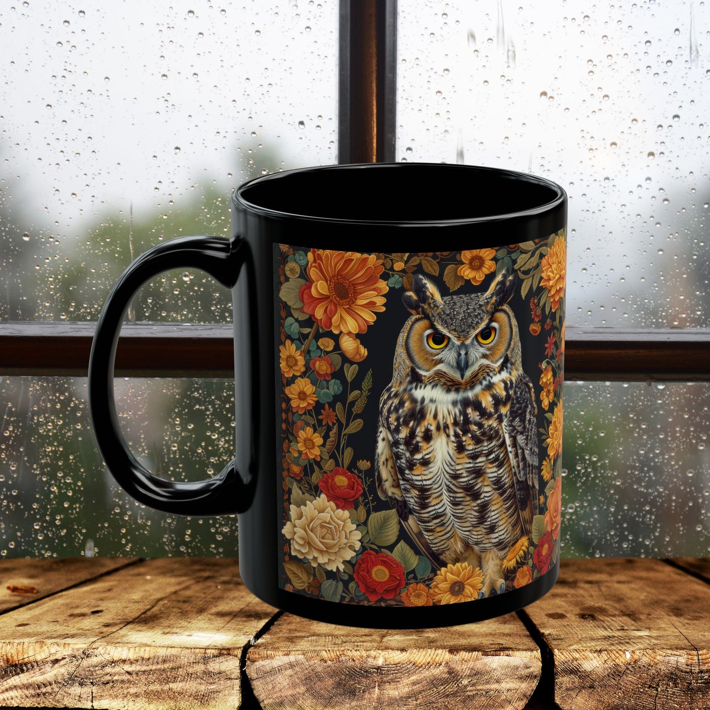 Autumn Great Horned Owl Black Coffee Mug, Fall Floral Wildlife Art, Woodland Animal Coffee Cup, Nature Lover Gift