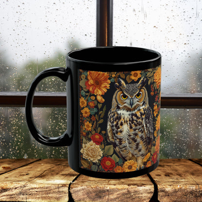 Autumn Great Horned Owl Black Coffee Mug, Fall Floral Wildlife Art, Woodland Animal Coffee Cup, Nature Lover Gift