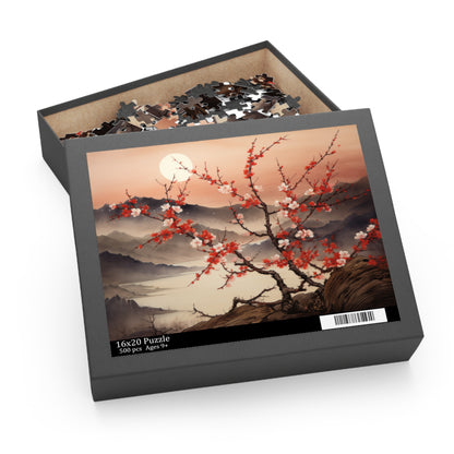 Japanese plum blossoms in moonlight, vintage ink (120, 252, 500-Piece) Adult Jigsaw Puzzle, Gift Him Her