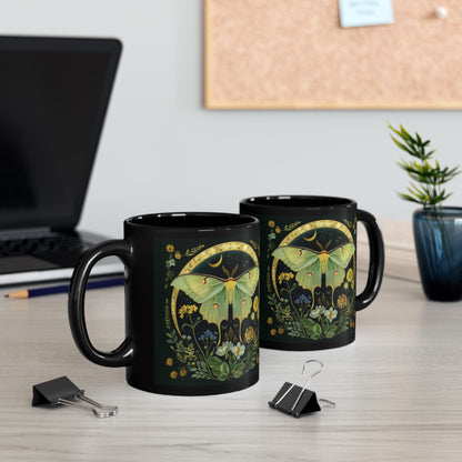 William Morris Inspired Luna Moth Crescent Moon Black Coffee Mug 11oz | Magical Luna Moth Ceramic Black Mug Gift