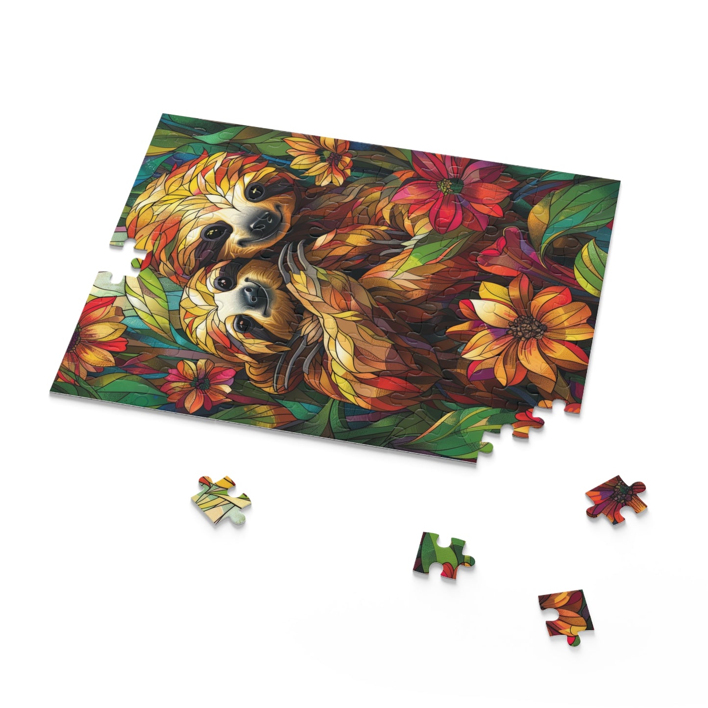 Faux Stained Glass Cuddling Sloth Puzzle Box (120, 252, 500-Piece) Family Jigsaw Puzzle, Puzzle Box Gift