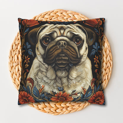 William Morris Inspired Pug Dog  Decorative Pug  Spun Polyester Square Pillowcase