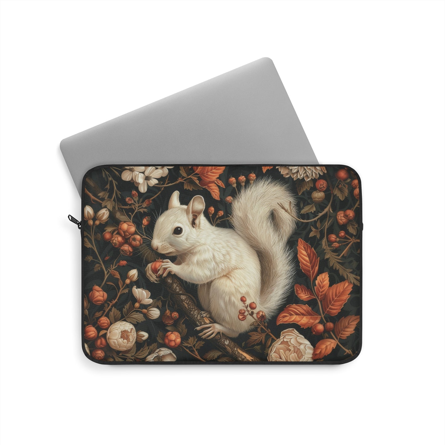 White Squirrel Laptop Sleeve, William Morris Inspired Autumn Forest Art Case, Vintage Botanical Laptop Cover (12”, 13”, 15”)