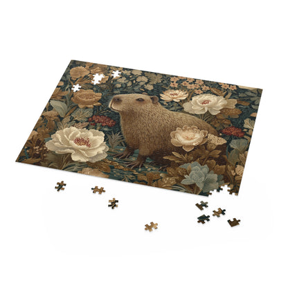 Vintage Capybara Floral Puzzle, Botanical Woodland Jigsaw for Relaxing Mindful Play