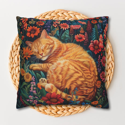 William Morris Inspired Cat Floral Garden, Cottage-core Pillowcase