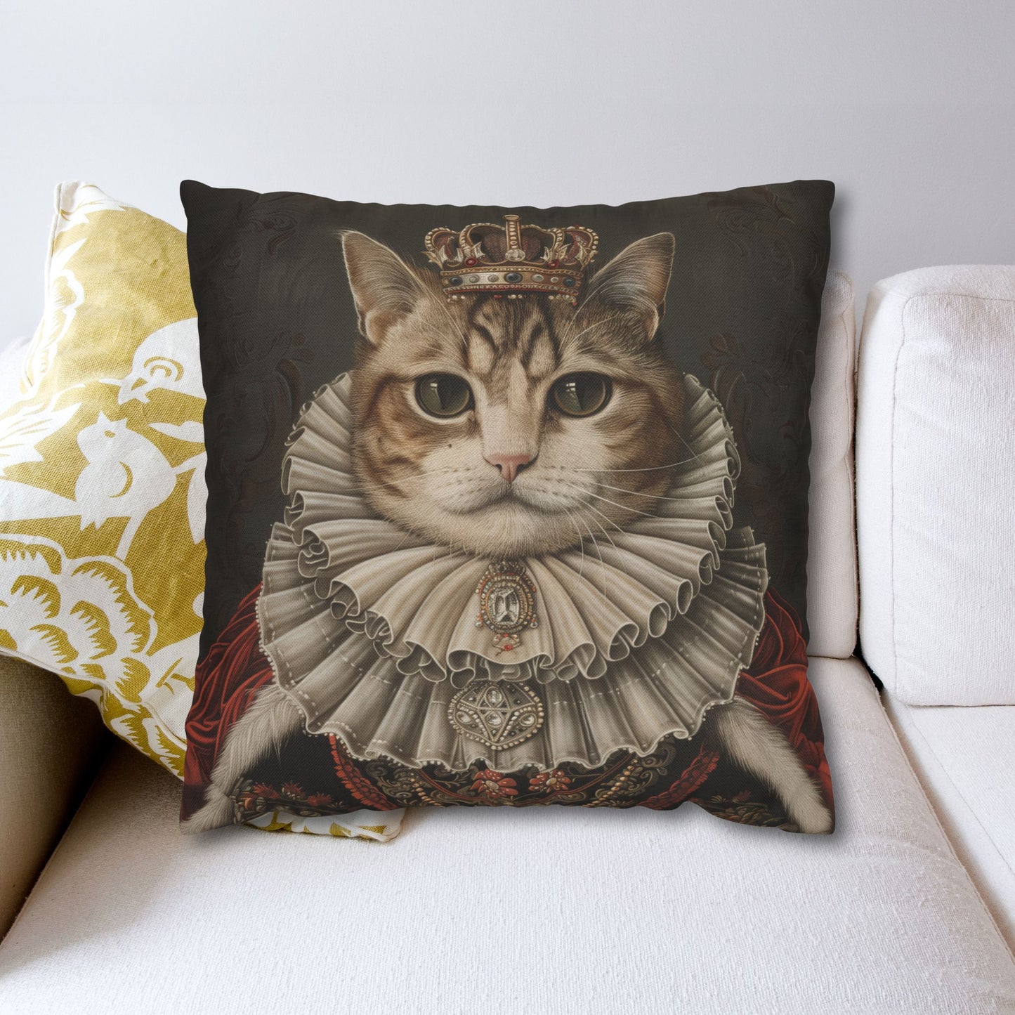 Royal Cat Pillowcase,  Aristocratic Kitty Cushion in Crown & Renaissance Attire, Whimsical Pet Portrait Home Décor
