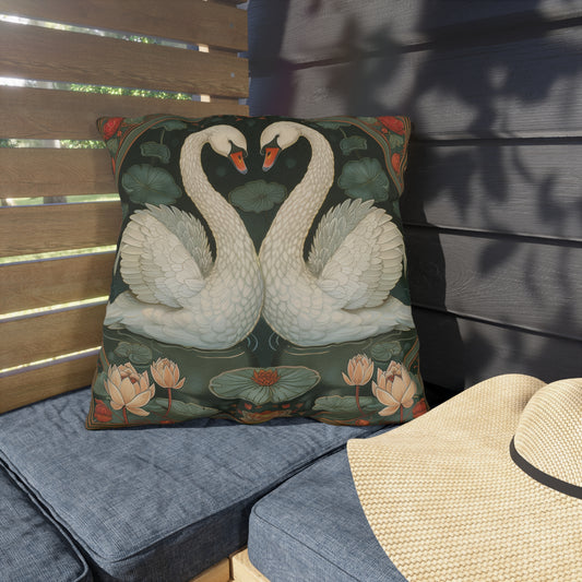 Romantic Swan Outdoor Pillow, Art Nouveau Throw Pillow, Lotus Pond Cushion, Vintage Bird Decor, Elegant Patio Accent Pillow