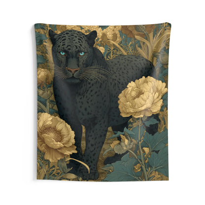 Midnight Panther Floral Tapestry, Blue & Gold Botanical Wall Hanging