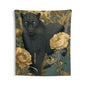 Midnight Panther Floral Tapestry, Blue & Gold Botanical Wall Hanging