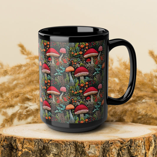 Red Mushrooms Embroidery Pattern Black Coffee Mug, Cottagecore Mushrooms Kitchenware Black Mug 11oz, 15oz ,