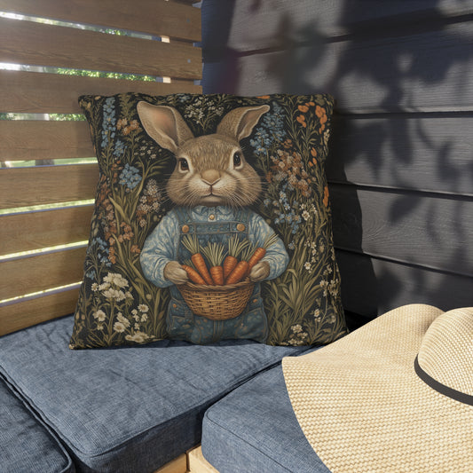 Farmhouse Bunny Outdoor Pillow, Rabbit with Carrots Throw Pillow, Cottagecore Bunny Cushion, Rustic Garden Decor, Spring Animal Accent Pillow, Easter Gift