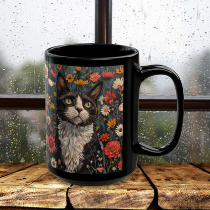 Tuxedo Cat Floral Mug, Vintage Botanical Cat Coffee Mug, William Morris Inspired Black Ceramic Mug 11oz & 15oz