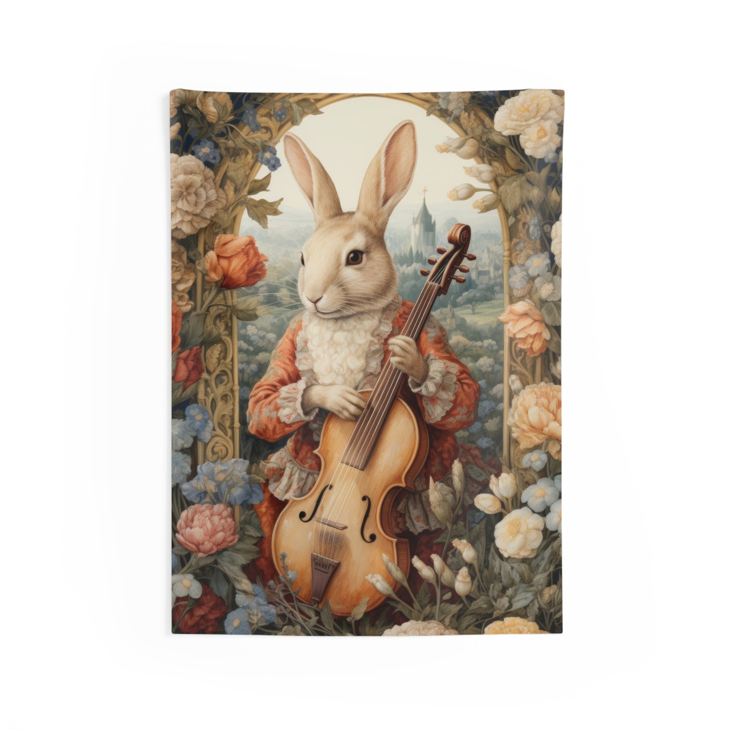 Tapestry of Rococo Rabbit Plays The Cello William Morris Inspired Indoor Wall Tapestries