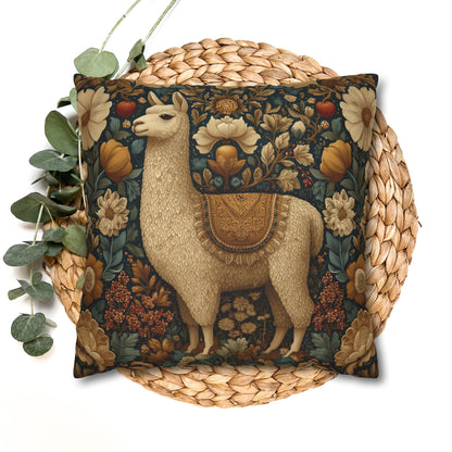 Golden Alpaca Floral Pillowcase, William Morris Style Botanical Animal Cushion Home Décor