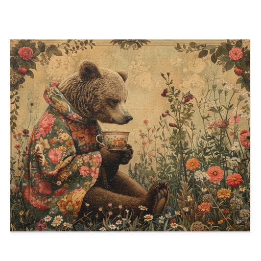 Tea Time Bear Wildflower in William Morris Style (120, 252, 500-Piece) Adult Jigsaw Puzzle, Gift Him Her