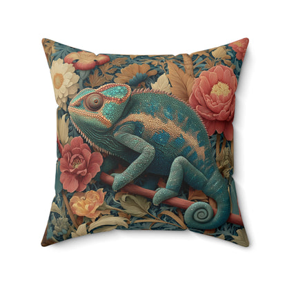 Teal Chameleon Floral Pillow, William Morris Style Lizard Cushion with Vintage Botanical Design