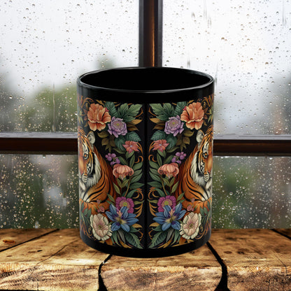 Tropical Tiger William Morris Inspired Black Coffee Mug For Her Him Ceramic Mug Black Mug  11oz, 15oz