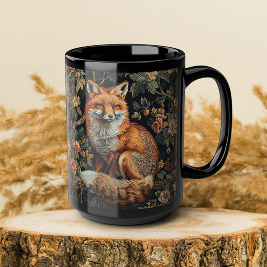 Forest Fox William Morris Inspired | Fox Ancient Black Coffee Mug For Her Him Ceramic Mug Black Mug 11oz, 15oz