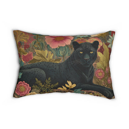 Black Panther Lumbar Pillow, Jungle Floral Cushion, Exotic Wildlife Decorative Accent
