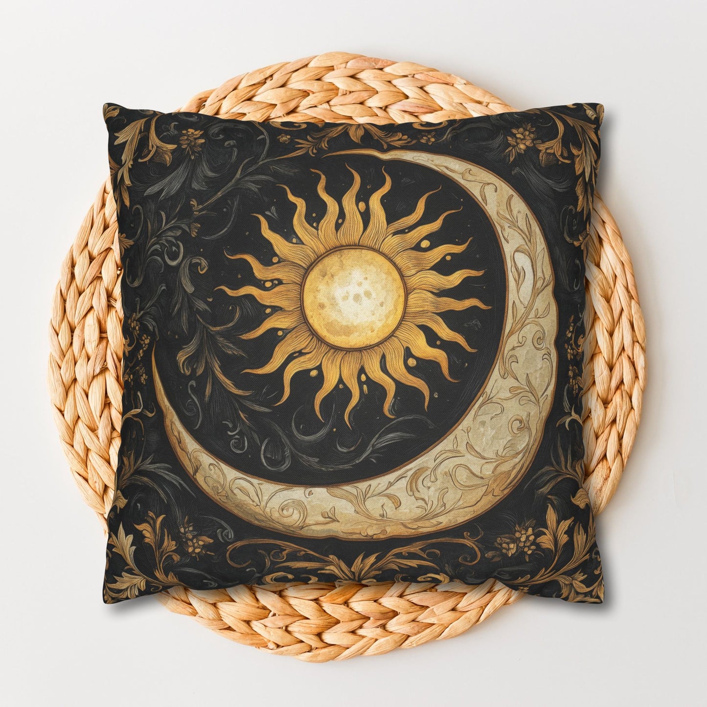 Celestial Sun and Moon Gold Ornate Gothic Polyester Square Pillowcase