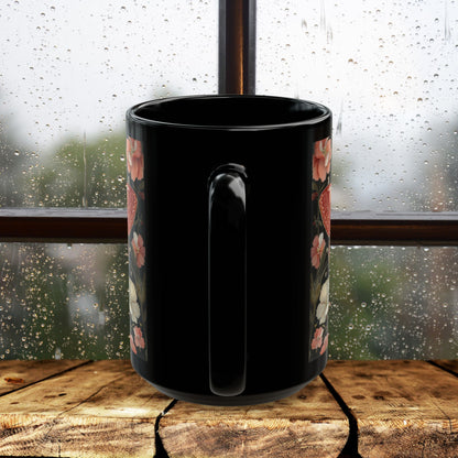 Woodland Pink Primrose Moth William Morris Inspired Black Coffee Mug For Her Him Ceramic Mug Black Mug 11oz, 15oz