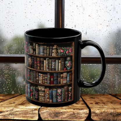 Victorian Bookshelf Mug, Vintage Bookshelf black Mug, Dark Academia Gift Idea, Book Lover Cup 11oz,15oz Botanical Books