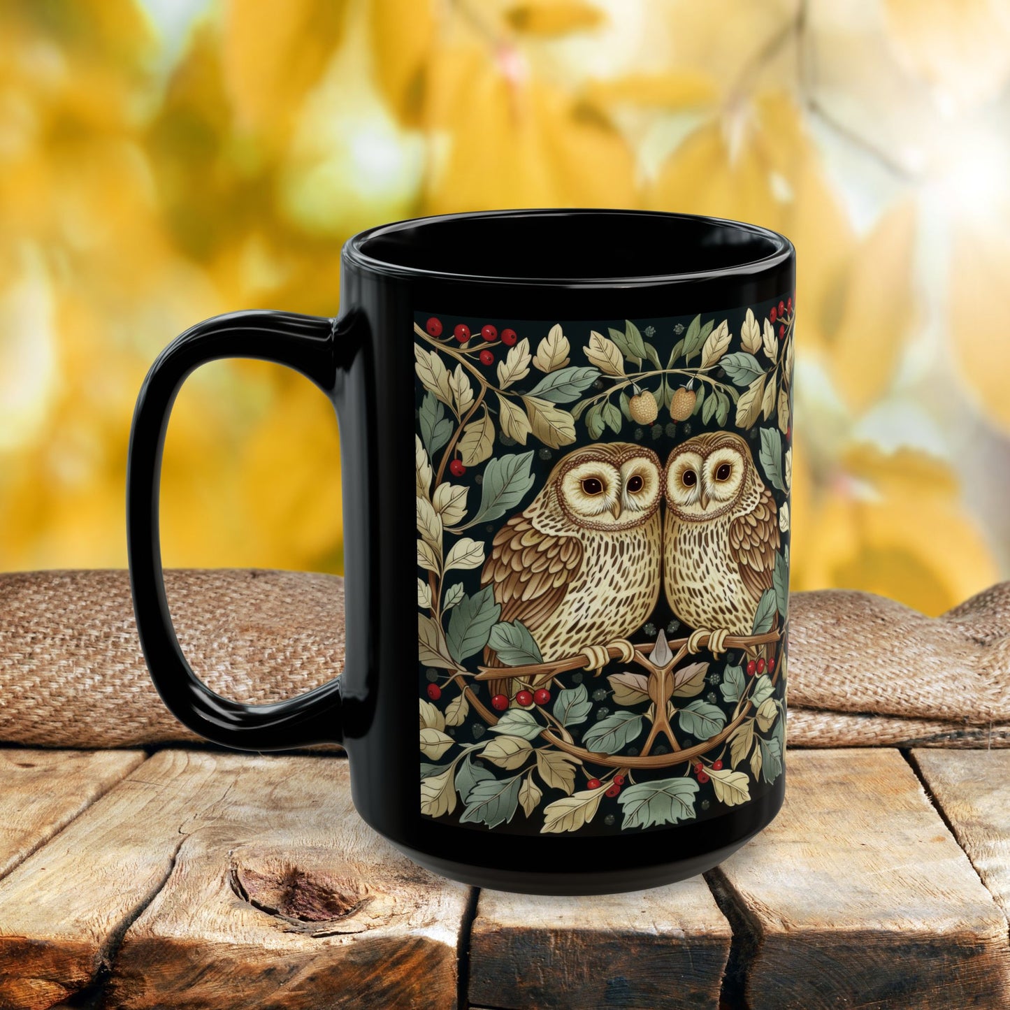 Owl Couple Coffee Mug, William Morris Inspired Woodland Romance Black Ceramic Cup (11oz, 15oz)