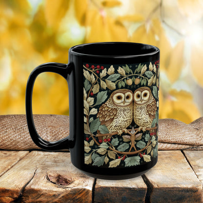 Owl Couple Coffee Mug, William Morris Inspired Woodland Romance Black Ceramic Cup (11oz, 15oz)