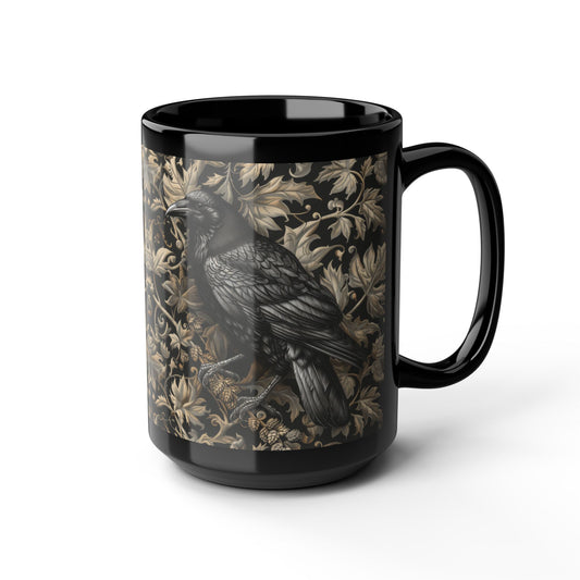 Vintage Gothic Crow Boho Floral William Morris Black Coffee Mug, Halloween Gift, Witch Kitchen Decor, Unique Tea Cup, Bird Lover Mug, Gothic