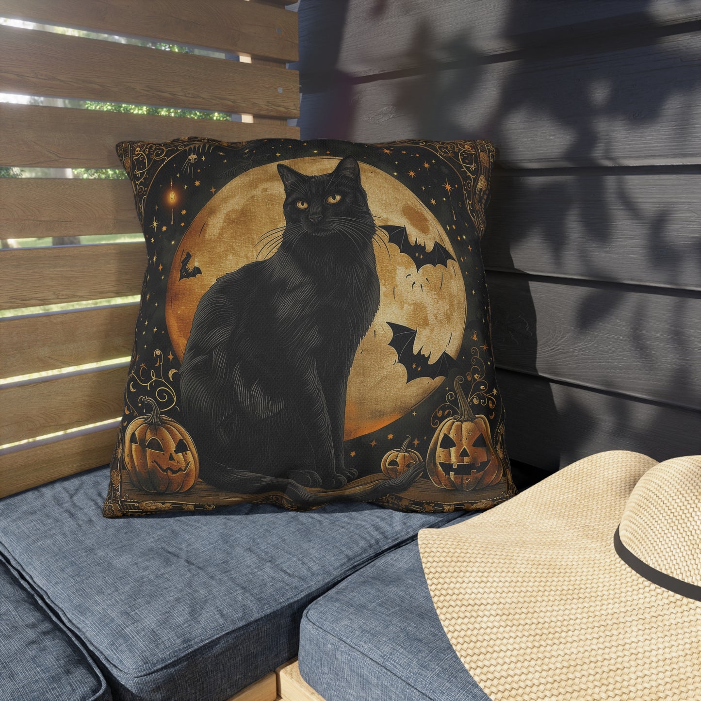 Halloween Black Cat Outdoor Pillow, Spooky Moon Throw Pillow, Pumpkin Cat Cushion, Gothic Fall Decor, Patio Accent Pillow