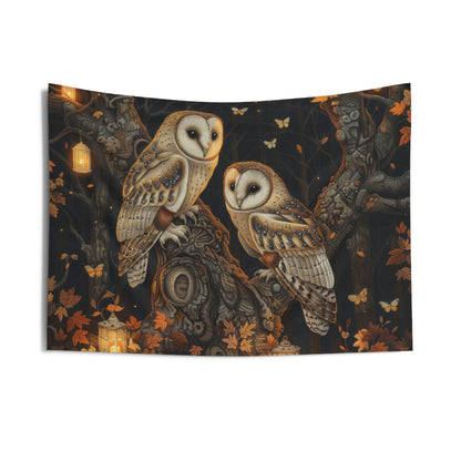 Enchanted Forest Owls Magical Night Indoor Wall Tapestries, William Morris Inspired Tapestry Art, Home Decor, Dorm Room, Boho Chic