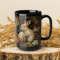 Easter Bunny Floral Black Mug, Vintage Rabbit & Painted Egg Coffee Cup (11oz/15oz)